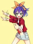  :d blue_hair bow bracelet commentary green_eyes hair_bow happy jacket jewelry open_mouth pointing ponytail serena_(yuu-gi-ou_arc-v) smile solo_focus tere wrist_grab wristband yuu-gi-ou yuu-gi-ou_arc-v 