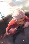  archer closed_eyes dark_skin dark_skinned_male ege_(597100016) fate/stay_night fate_(series) field_of_blades from_above highres male_focus planted_sword planted_weapon solo sword unlimited_blade_works weapon white_hair 