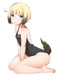  bad_id bad_pixiv_id between_legs black_swimsuit blonde_hair blue_eyes bob_cut brown_hair chestnut_mouth collarbone covered_navel dog_tail erica_hartmann kinakomoti multicolored_hair one-piece_swimsuit open_mouth short_hair simple_background sitting solo strike_witches swimsuit tail two-tone_hair white_background world_witches_series 