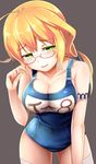  blonde_hair blush breasts glasses green_eyes highres i-8_(kantai_collection) kantai_collection kuku123 large_breasts long_hair one-piece_swimsuit red-framed_eyewear school_swimsuit semi-rimless_eyewear simple_background smile solo swimsuit thighhighs under-rim_eyewear 