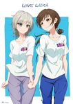  absurdres anastasia_(idolmaster) ayano_yuu_(sonma_1426) blue_eyes brown_eyes brown_hair heart highres holding_hands idolmaster idolmaster_cinderella_girls long_hair love_laika multiple_girls nitta_minami pants ponytail shirt short_hair silver_hair smile song_name sweatpants t-shirt track_pants twitter_username 