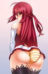  1girl ass bare_shoulders black_legwear blush cameltoe detached_sleeves elesis elesis_(elsword) elsword from_behind gold_eyes half_updo long_hair looking_back open_mouth panties pinyshi red_hair skirt solo striped striped_panties thighhighs underwear upskirt yellow_eyes 