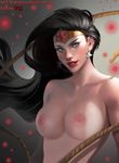  1girl areolae black_hair blue_eyes breasts dc_comics earrings female highres jewelry large_breasts lasso lips long_hair nipples nose nude nude_filter photoshop realistic rope sakimichan sleeveless smile solo watermark wonder_woman wonder_woman_(series) 