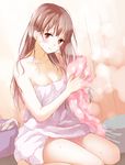  bad_id bad_twitter_id blush breasts brown_eyes brown_hair cleavage kantai_collection medium_breasts naked_towel ooi_(kantai_collection) sitting solo towel wariza yatomi 