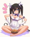  barefoot black_hair blue_eyes blue_ribbon breasts cleavage clenched_teeth covered_navel croquette dungeon_ni_deai_wo_motomeru_no_wa_machigatteiru_darou_ka food gloves hash_browns hestia_(danmachi) highres indian_style large_breasts long_hair potato rei_no_himo ribbon sitting smile solo teeth tsukigami_chronica twintails white_gloves 