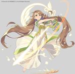  absurdly_long_hair bangs barefoot brown_hair copyright_request dress earrings full_body green_eyes grey_background jewelry leg_up long_hair mansu parted_lips simple_background solo swept_bangs sword toenail_polish very_long_hair watermark weapon white_dress 