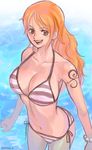  1girl bikini bracelet brown_eyes earrings female jewelry long_hair nami nami_(one_piece) one_piece orange_hair smile solo swimsuit tattoo two-tone_stripes water 