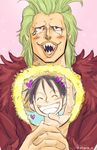  1boy bartolomeo blush fan green_hair male male_focus monkey_d_luffy one_piece open_mouth pun smile solo tattoo tears 