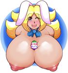  2015 animal_ears areola big_breasts big_nipples blonde_hair blue_eyes blush bow breasts clothing easter egg eikasianspire elbow_gloves female gloves hair holidays huge_breasts human hyper hyper_breasts long_hair looking_at_viewer mammal nipples one_eye_closed open_mouth rabbit_ears smile solo wink 