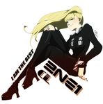  1girl 2ne1 black_shirt black_shoes blonde_hair bracelet character_name cl_(2ne1) copyright_name earrings female full_body high_heels jewelry k-pop long_hair long_sleeves pants ponytail ring shirt shoes simple_background sitting smile solo white_background 