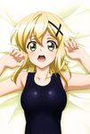  :o absurdres akatsuki_kirika armpits bangs bed_sheet blonde_hair blue_swimsuit blush breasts clenched_hands collarbone dakimakura eyebrows_visible_through_hair from_above green_eyes hair_ornament hands_up highres indoors looking_at_viewer lying medium_breasts medium_hair old_school_swimsuit on_back one-piece_swimsuit open_mouth parted_bangs scan school_swimsuit senki_zesshou_symphogear shiny shiny_hair solo swimsuit upper_body upper_teeth wide-eyed x_hair_ornament 