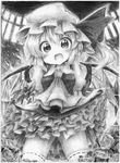  absurdres flandre_scarlet greyscale highres looking_at_viewer monochrome open_mouth smile solo tobi_(nekomata_homara) touhou traditional_media wings 