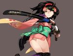  92m armor ass black_hair brown_eyes comb flat_ass flower from_behind hair_flower hair_ornament holding holding_sword holding_weapon japanese_armor japanese_clothes katana kimono kneehighs left-handed looking_back momohime obi oboro_muramasa sash scabbard sheath short_kimono shoulder_armor smile sode solo sword unsheathing weapon wide_sleeves 