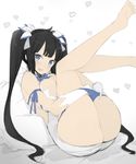  1girl artist_request ass bed black_hair blue_eyes blush breast_press breasts deep_skin dungeon_ni_deai_wo_motomeru_no_wa_machigatteiru_darou_ka feet hair_ornament heart hestia_(danmachi) hestia_(dungeon) huge_ass large_breasts legs_up looking_at_viewer pillow smile solo thighs twintails underwear undressing 