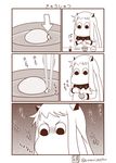  bowl chopsticks comic commentary directional_arrow egg egg_yolk eggshell frustrated highres horns kantai_collection mittens monochrome moomin muppo no_humans northern_ocean_hime rice_bowl sazanami_konami shinkaisei-kan silent_comic simple_background soy_sauce tamagokake_gohan translated twitter_username 