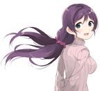  :d aran_sweater bangs breasts green_eyes hair_ornament large_breasts long_hair looking_at_viewer looking_back love_live! love_live!_school_idol_project low_twintails open_mouth parted_bangs purple_hair ribbed_sweater scrunchie simple_background smile solo sweater totoki86 toujou_nozomi turtleneck twintails white_background 