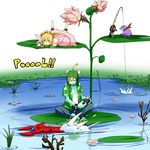  1girl controller fishing_rod flower frog hat leaf original pageratta pond remote_control simple_background tiara 