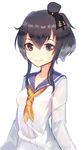  black_hair brown_eyes dress ginon_(sjyh3466) hat headgear highres kantai_collection looking_at_viewer mini_hat multicolored_hair neckerchief sailor_collar sailor_dress short_hair short_hair_with_long_locks simple_background smile solo tokitsukaze_(kantai_collection) upper_body white_background 