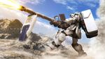  bazooka cannon cloud day desert dirt dust firing ground_gundam gundam gundam_08th_ms_team highres mecha mobile_suit_gundam mountain no_humans realistic s.hasegawa science_fiction shield signature weapon 