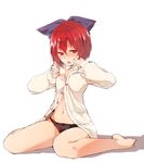  blush bow buttons collarbone hair_bow hasebe_yuusaku long_sleeves looking_at_viewer midriff navel no_pants open_clothes open_mouth open_shirt panties red_eyes red_hair sekibanki shirt short_hair simple_background sitting solo sweatdrop touhou underwear wariza white_background 