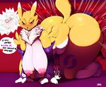  &lt;3 all_fours bandai big_breasts big_butt blue_eyes blush breasts butt cum cumshot dialogue digimon erection fangs female impmon male open_mouth orgasm penis renamon sagging_breasts speech_bubble vhsdaii wide_hips 