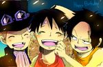  3boys bandage birthday black_hair blonde_hair brothers cravat family freckles goggles goggles_on_hat hat male male_focus missing_tooth monkey_d_luffy multiple_boys one_piece open_mouth portgas_d_ace sabo_(one_piece) siblings stampede_string straw_hat tank_top top_hat trio younger 