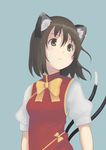  animal_ears blue_background brown_eyes brown_hair cat_ears cat_tail chen earrings highres jewelry multiple_tails no_hat no_headwear nuwara_eliya short_hair simple_background solo tail touhou 
