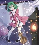  animal_ears bamboo_broom broom cherry_blossoms dress fang green_eyes green_hair kasodani_kyouko lantern open_mouth petals platform_footwear sanasanayukikuni short_hair skirt smile solo tail touhou 