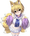  adapted_costume alternate_costume animal_ears bare_shoulders blonde_hair blush breasts cheerleader cowboy_shot crop_top downscaled dress elbow_gloves fox_ears fox_tail frills gloves greatmosu groin hair_between_eyes large_breasts light_smile looking_at_viewer md5_mismatch midriff miniskirt multiple_tails navel no_hat no_headwear plaid plaid_skirt pom_poms resized shirt short_hair simple_background skirt skirt_set sleeveless sleeveless_shirt smile solo tail thighhighs touhou white_background white_gloves white_legwear white_shirt yakumo_ran yellow_eyes zettai_ryouiki 