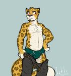  beard belt blushed briefs chubby clothed clothing embarrassed facial_hair feline half-dressed invalid_tag iztli jaguar male mammal pants pants_down presenting shy topless underwear 