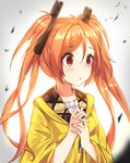  aihara_enju black_bullet ginon_(sjyh3466) hair_ornament hands_on_own_chest hands_together highres hood hood_down hooded_jacket jacket long_hair orange_hair red_eyes solo twintails upper_body 