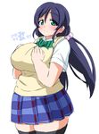  2015 banned_artist blush bow bowtie breast_lift breast_squeeze breasts collared_shirt dated green_eyes huge_breasts long_hair looking_at_viewer love_live! love_live!_school_idol_project mikomu pleated_skirt plump purple_hair shirt signature skirt smile solo sweater_vest tareme thick_thighs thighs toujou_nozomi twintails very_long_hair wide_hips 