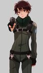  aldnoah.zero brown_eyes brown_hair expressionless gun kaizuka_inaho male_focus pilot_suit solo tamami0122 weapon 