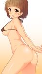  anza_tomo arms_behind_back ass bad_id bad_twitter_id bikini black_bikini blush bottomless breasts brown_hair contrapposto from_side gradient gradient_background large_breasts leaning_forward looking_at_viewer looking_back micro_bikini original short_hair sideboob simple_background smile solo standing strap_gap swimsuit underboob yellow_eyes 