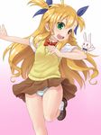  :d animal_ears blonde_hair blush bow bowtie brown_skirt bunny_ears dress_shirt green_eyes hair_ribbon heterochromia loafers long_hair looking_at_viewer lyrical_nanoha mahou_shoujo_lyrical_nanoha mahou_shoujo_lyrical_nanoha_vivid musouzuki open_mouth outstretched_arm panties pantyshot pantyshot_(standing) pleated_skirt red_bow red_eyes red_neckwear ribbon school_uniform shirt shoes skirt smile socks solo st._hilde_academy_of_magic_uniform standing sweater sweater_vest two_side_up underwear very_long_hair vivio white_legwear white_panties white_shirt yellow_sweater 