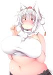  animal_humanoid belly big_breasts blush breasts canine canine_humanoid clothed clothing crop_top fangs female hair hat humanoid inner_ear_fluff mammal momiji_inubashiri navel nipple_bulge overweight red_eyes shirt shishi_juuroku short_hair solo tokin_hat touhou white_hair wolf_humanoid 