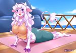  2015 anthro big_breasts big_butt blush bovine breasts butt cattle cleavage clothed clothing cloud female hair hooves horn lips long_hair looking_at_viewer mammal mleonheart open_mouth outside pants pink_skin purple_eyes sea shirt shorts sky smile sofa solo spots thick_thighs tight_clothing tongue water white_hair white_skin 