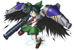  asteroid bazooka black_hair bow feathers green_eyes gundam gundam_0083 gundam_gp-02_physalis hair_bow md5_mismatch mecha_musume mismatched_footwear mts_(nenchi) reiuji_utsuho shoes skirt solo touhou weapon wings 