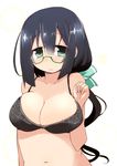  black_bra black_hair blush bra breasts glasses green-framed_eyewear green_eyes highres large_breasts long_hair semi-rimless_eyewear shirogane_(platinum) simple_background solo tougou_mimori under-rim_eyewear underwear white_background yuuki_yuuna_wa_yuusha_de_aru yuusha_de_aru 