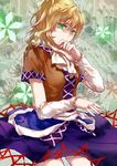  arm_warmers artist_name augetsix blonde_hair covering_mouth crying flower green_eyes looking_at_viewer mizuhashi_parsee ponytail scarf shirt short_hair short_sleeves skirt solo tears touhou 