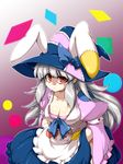  animal_ears apron breasts bunny_ears cleavage dress dress_lift fake_animal_ears hat highres irisu_kyouko irisu_shoukougun! large_breasts long_hair red_eyes silver_hair solo tajima_yuuki witch_hat 