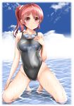  competition_swimsuit goggles goggles_around_neck highleg highleg_swimsuit highres mashinatsu one-piece_swimsuit original ponytail red_eyes red_hair solo swimsuit 