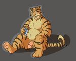  2015 anthro balls barazoku digital_media_(artwork) feline kimbasnowpaw male mammal nipples nude open_mouth paws penis plain_background smile solo tiger 