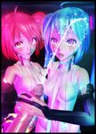  2girls 3d absurdres aqua_eyes aqua_hair aqua_nails bare_shoulders black_border blush border bridal_gauntlets cum detached_sleeves drill_hair ejaculation elbow_gloves gloves green_eyes hatsune_miku hatsune_miku_(append) heart heart-shaped_pupils highres kasane_teto long_hair looking_at_viewer multiple_girls multiple_handjob nail_polish navel necktie open_mouth penis pink_nails pov precum projectile_cum red_eyes red_hair saliva smile source_filmmaker sparkle symbol-shaped_pupils tears tongue tongue_out twin_drills twintails utau very_long_hair vocaloid vocaloid_append welectric 