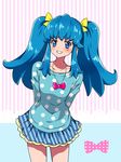  alternate_hairstyle blue_eyes blue_hair blue_shirt blue_skirt blush eyelashes fashion grin hair_ornament hair_ribbon happinesscharge_precure! happy kagami_chihiro long_hair looking_at_viewer precure ribbon shirayuki_hime shirt skirt smile solo standing twintails 