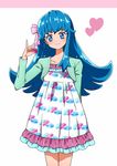  blue_eyes blue_hair blush dress eyelashes fashion hair_ornament happinesscharge_precure! happy heart jacket kagami_chihiro long_hair looking_at_viewer precure shirayuki_hime smile solo standing white_background 