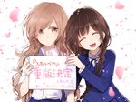  announcement brown_eyes brown_hair closed_eyes collared_shirt commentary_request futaribeya holding holding_sign kawawa_sakurako light_brown_hair multiple_girls original petals school_uniform shirt sign yamabuki_kasumi yukiko_(tesseract) 