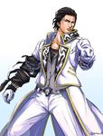  bandages black_hair blue_eyes claudio_serafino gloves hair_slicked_back highres jojo_no_kimyou_na_bouken kamiki_uutarou long_coat male_focus md5_mismatch parody pointing solo tattoo tekken tekken_7 white_gloves 