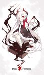  ahoge bow chain cloak copyright_name cuffs darkness demon_girl full_body fur_trim hair_over_one_eye horns long_hair looking_at_viewer open_mouth pale_skin pitchfork pixiv_fantasia pixiv_fantasia_t red_bow red_eyes red_rulu_(saru) saru shackles sitting sitting_on_object solo suitcase very_long_hair white_hair 