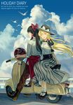  alternate_costume bird blonde_hair blue_sky bow braid brown_eyes brown_hair cloud contemporary day engrish ground_vehicle hair_bow hair_tubes hakurei_reimu hat hat_ribbon headwear_removed helmet helmet_removed highres kirisame_marisa long_hair mary_janes motor_vehicle multiple_girls multiple_riders norizc pants puffy_short_sleeves puffy_sleeves ranguage ribbon scenery scooter seagull shirt shoes short_sleeves sidesaddle single_braid skirt sky touhou very_long_hair yellow_eyes 